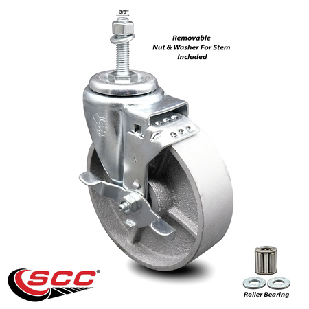 Service Caster Semi Steel Swivel TS Caster w/Roller Bearing - 5" Wheel & 3/8" Stem w/Brake SCC-TS20S515-SSR-TLB-381615